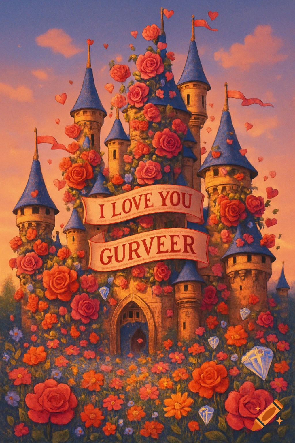 A romantic fantasy castle covered in red roses and colorful flowers, featuring floating hearts and diamonds, with 'I LOVE YOU GURVEER' on a banner, set against a sunset sky.