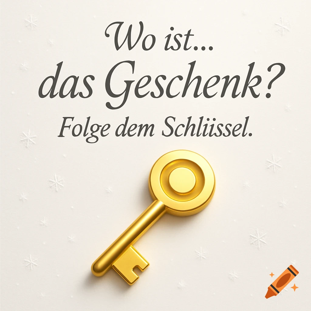 A golden key on a cream background with the German text "Wo ist... das Geschenk? Folge dem Schlüssel." in elegant script.