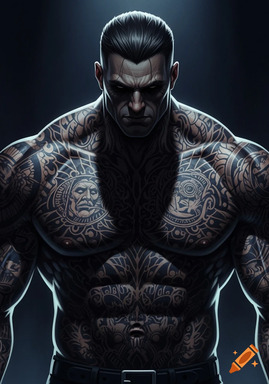 A muscular man with intricate black tattoos covers his torso and arms, his face obscured by shadow in dramatic lighting.