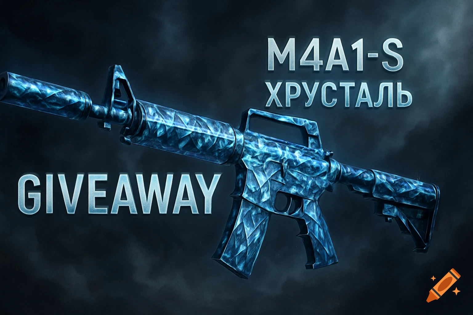 A stylized blue crystal M4A1-S rifle with the text 'GIVEAWAY' and 'M4A1-S ХРУСТАЛЬ' on a dark, smoky background.