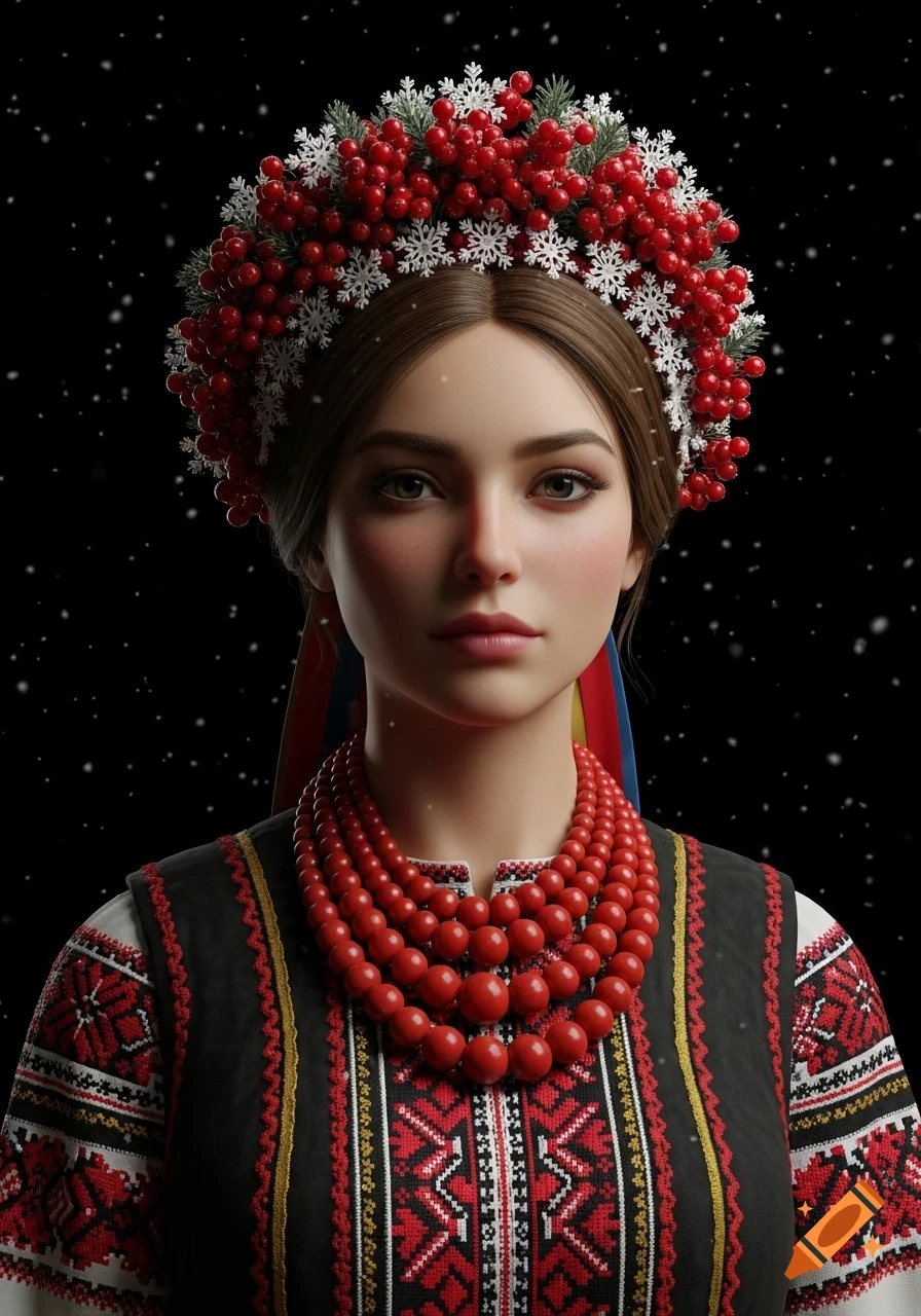 Photorealistic portrait of a young Ukrainian woman in traditional embroidered clothing, a red coral necklace, and a winter wreath of berries and snowflakes, against a snowy black background.
