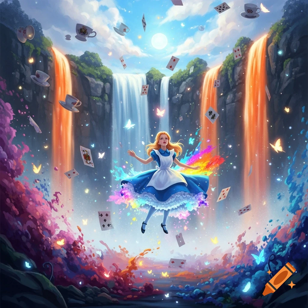 Alice in a blue dress floats between colorful and orange waterfalls, surrounded by flying playing cards, teacups, and butterflies in a vibrant fantasy landscape.