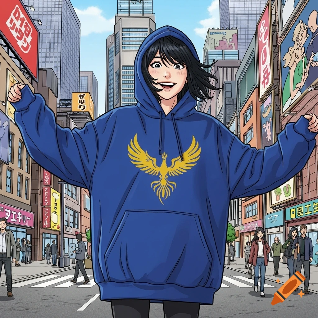 Comic art style drawing of a happy young woman in a blue hoodie with a golden phoenix emblem, standing on a city street.