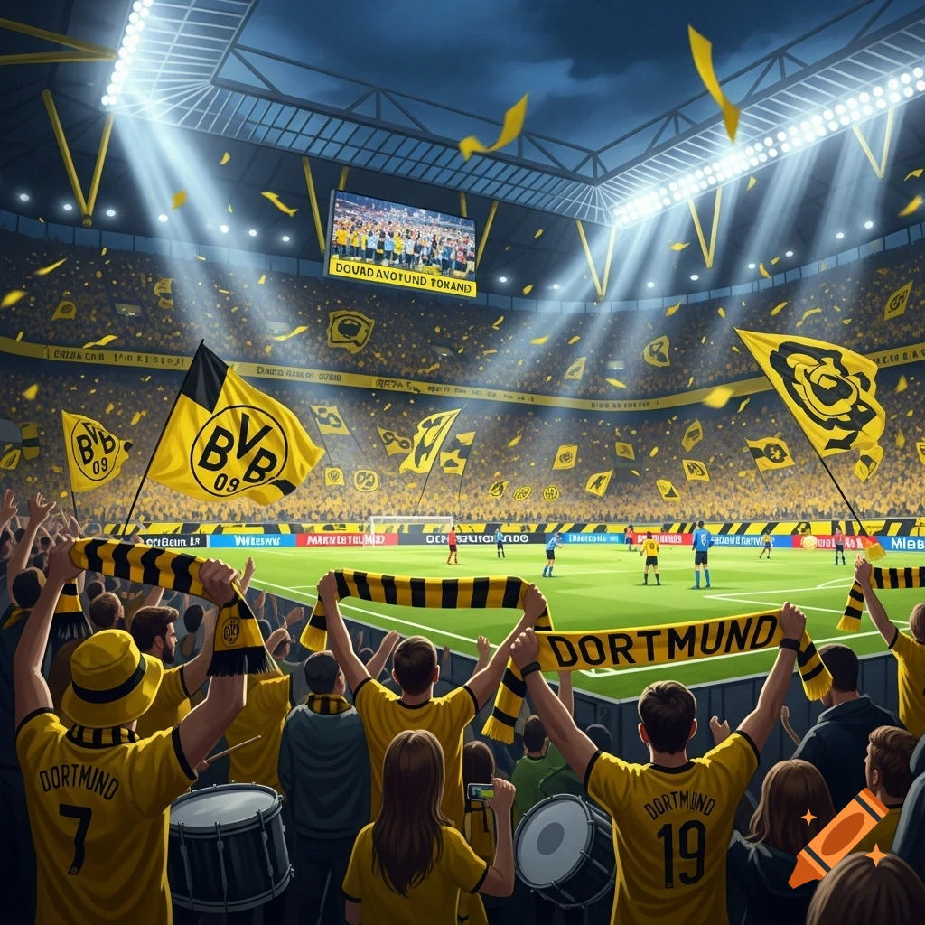 Dortmund soccer fans in a stadium, waving yellow and black flags and scarves, with a match being played on the pitch below.