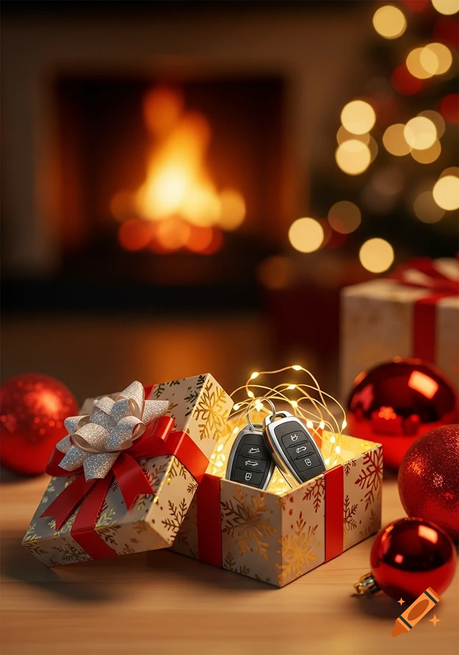Two car keys in a snowflake-patterned gift box with red ribbon and bow, surrounded by Christmas ornaments and lights.