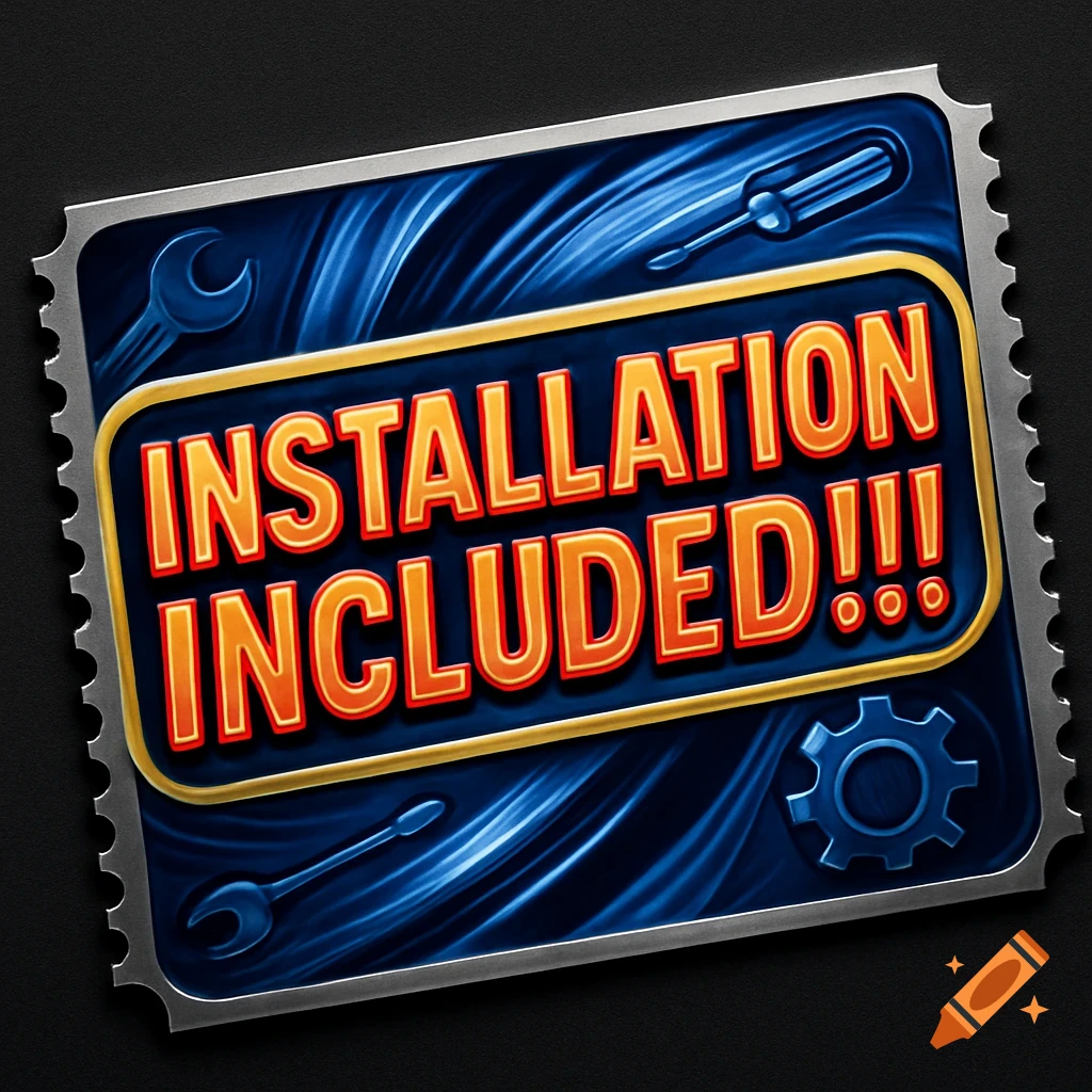 A stylized coupon with a serrated edge, featuring the bold orange and red text 'INSTALLATION INCLUDED!!!' on a blue background with tools.
