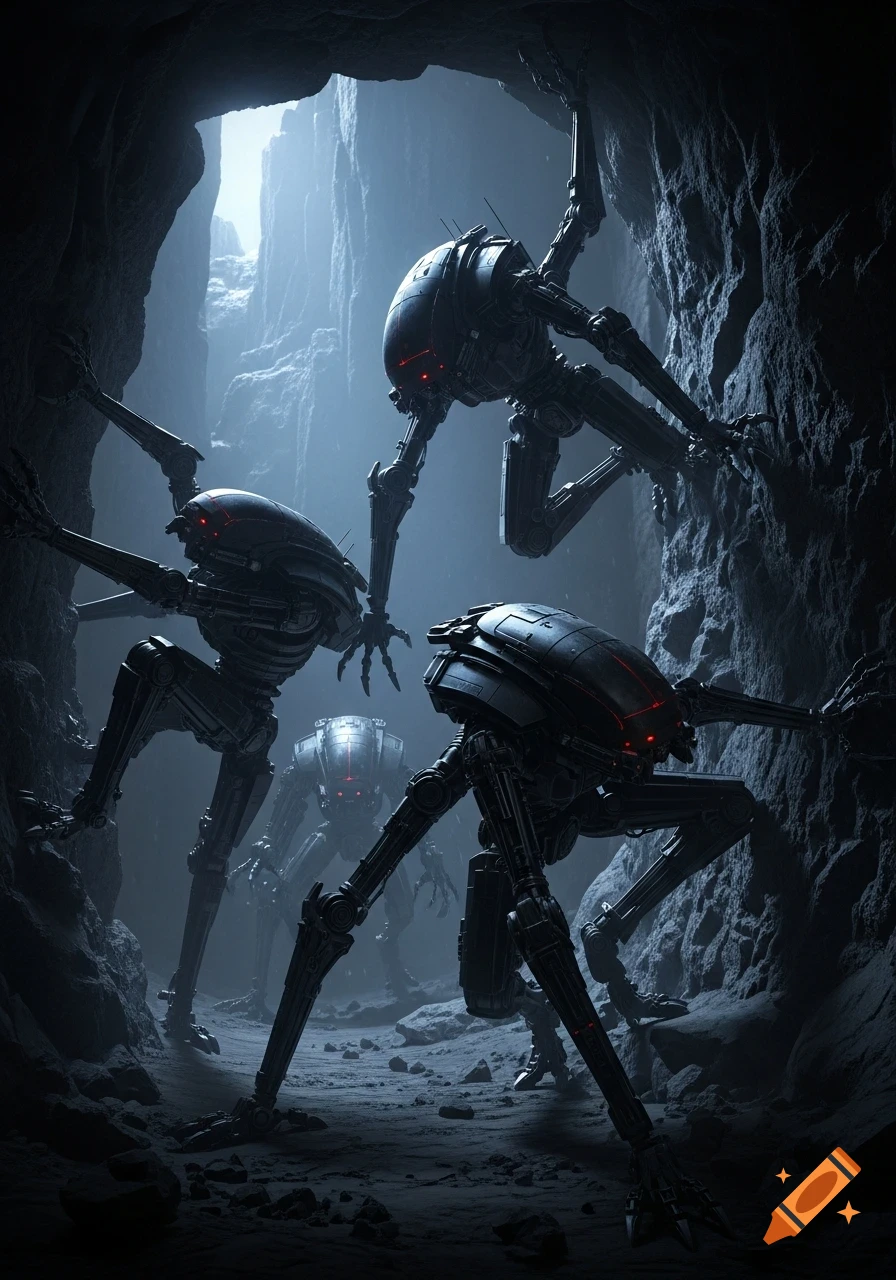 Several dark, multi-limbed mechanical war constructs with glowing red eyes emerge from a shadowed, rocky cave.