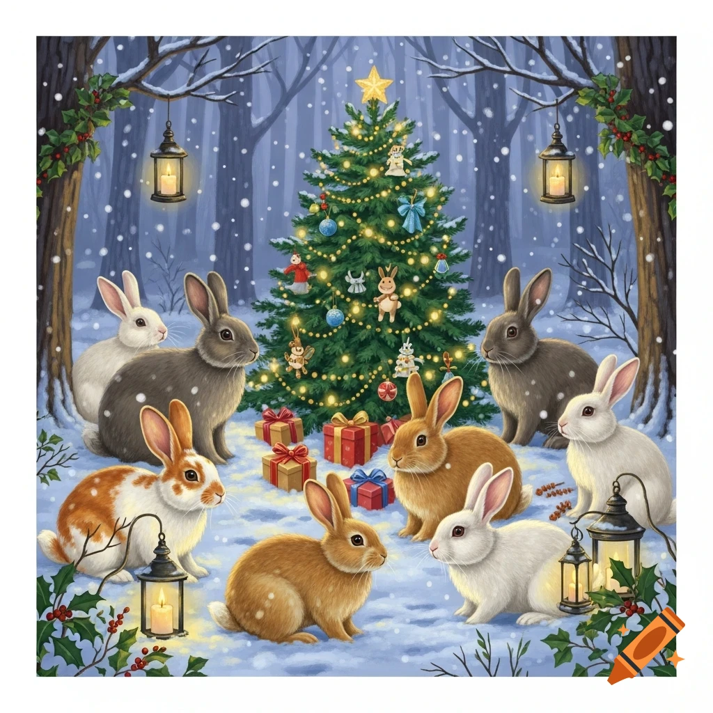 Illustrated rabbits gather around a decorated Christmas tree in a snowy forest, with presents and glowing lanterns.