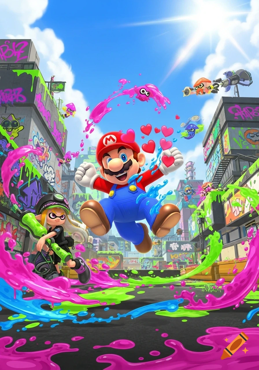 Mario jumps with hearts and an Inkling girl amidst vibrant ink splatters in a graffiti-filled cityscape, stylized like Nintendo artwork.