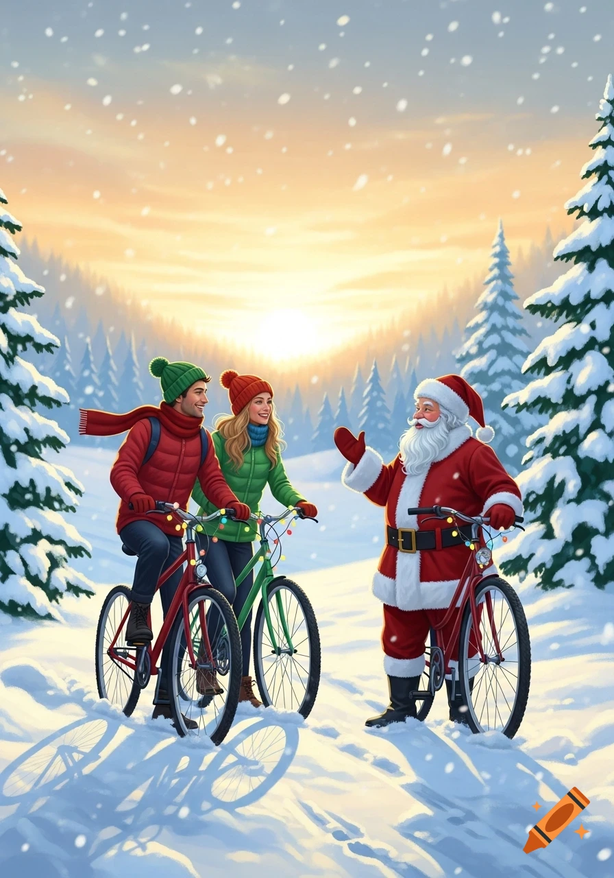 Santa Claus talks to a man and woman on bicycles, decorated with lights, in a snowy winter forest with a sunset. Cheerful illustration.