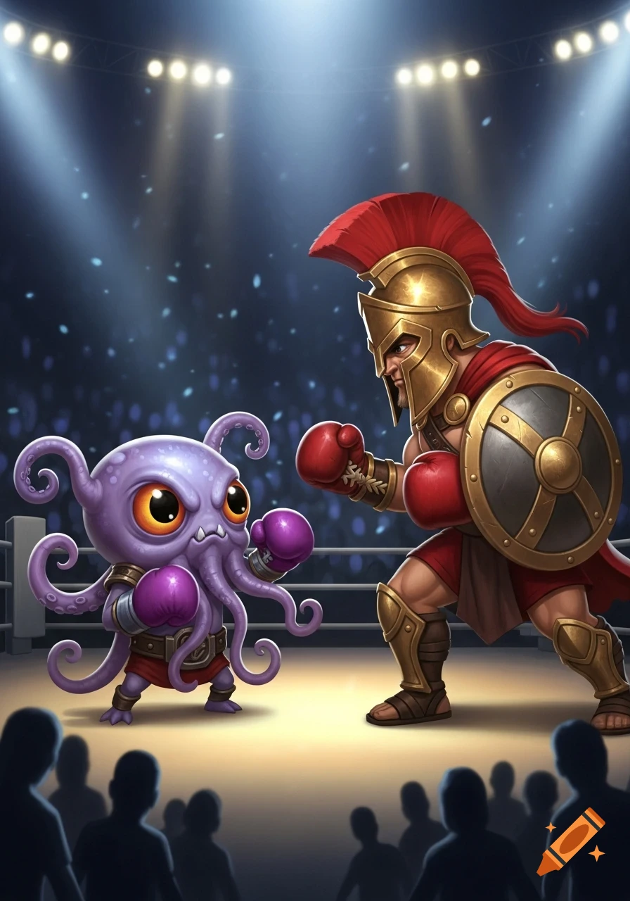A cartoon chibi purple octopus creature and a Spartan warrior face off in a boxing ring.