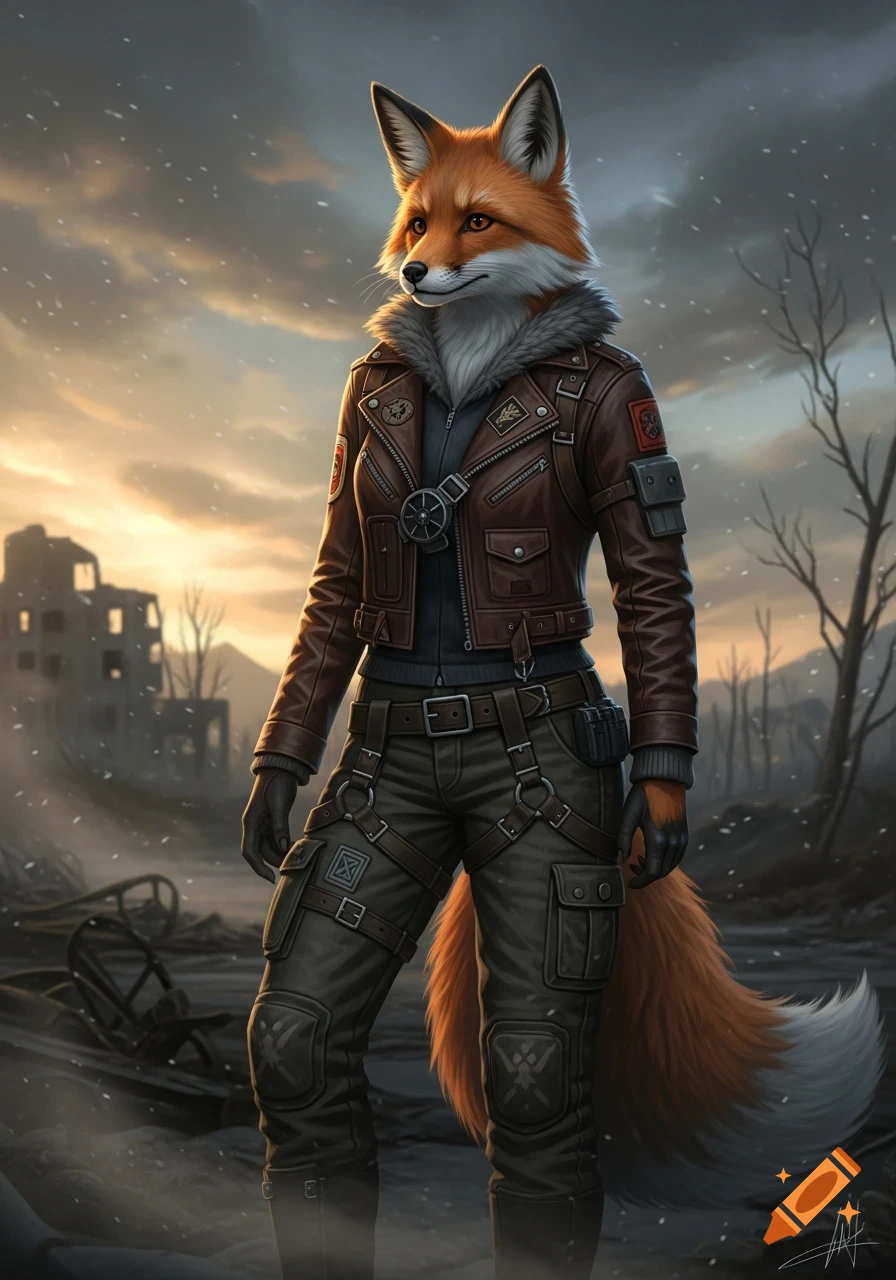 An anthro fox character in a brown leather jacket and cargo pants stands in a snowy, ruined landscape under an overcast sky.