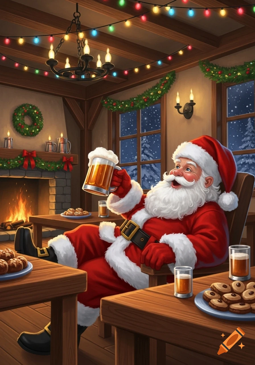 Cartoon illustration of Santa Claus relaxing in a festive room, holding a mug of beer, with a fireplace and Christmas lights.