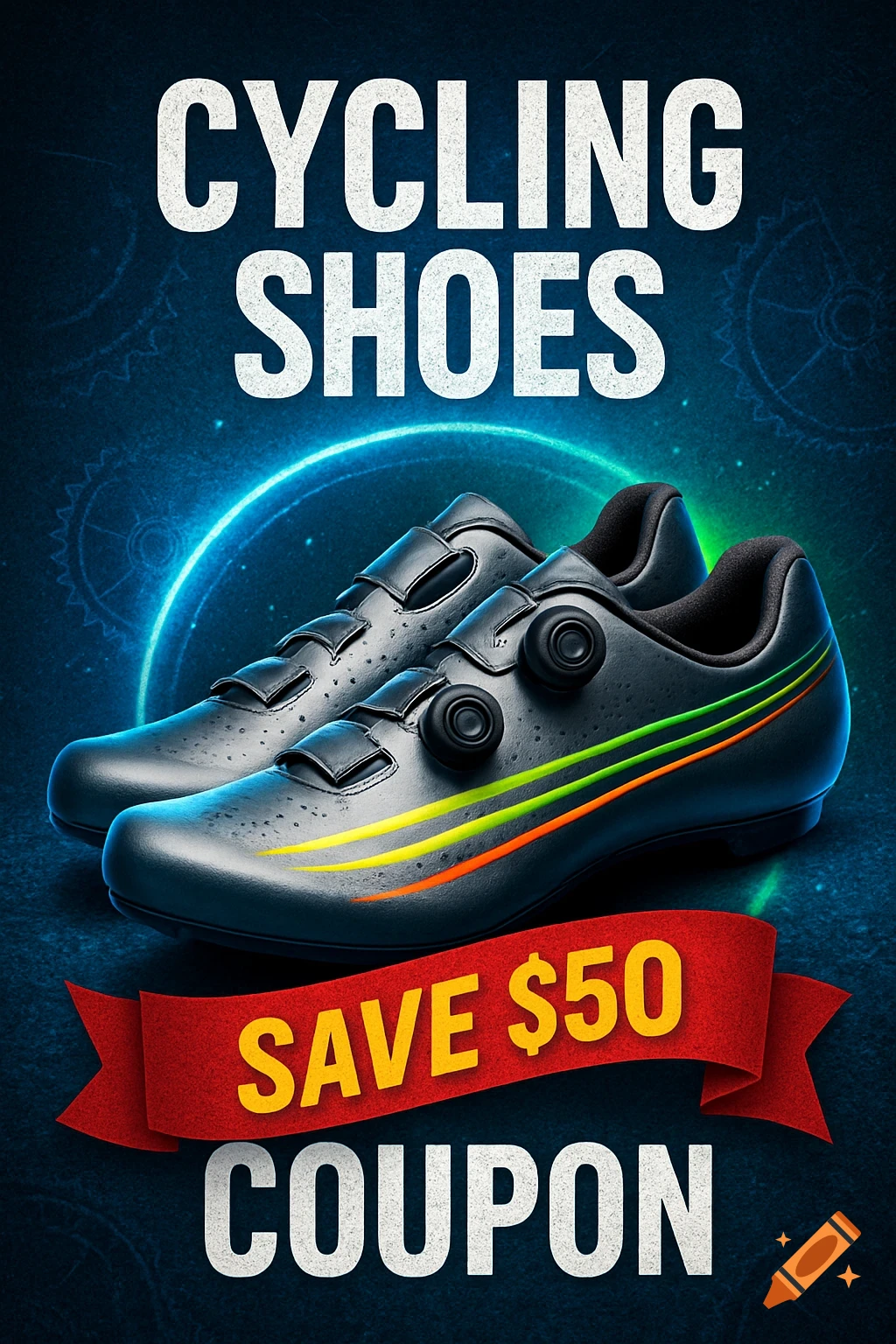 A pair of black cycling shoes with colorful stripes, a 'SAVE $50 COUPON' banner, and 'CYCLING SHOES' text on a blue background.