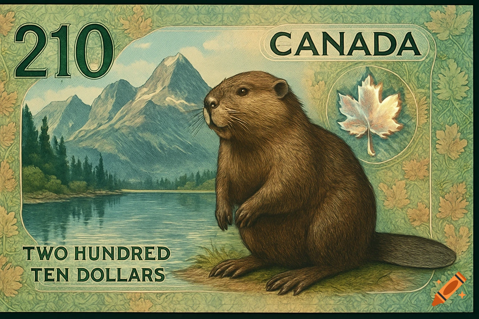 A stylized Canadian banknote featuring a beaver, mountains, and a lake, with the value 210 and "CANADA" text.