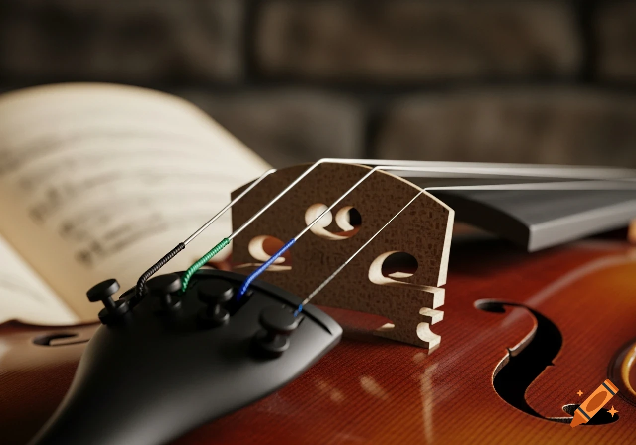 Close-up cinematic macro photograph of a violin's strings and bridge with a blurred sheet of music and stone wall in the background.