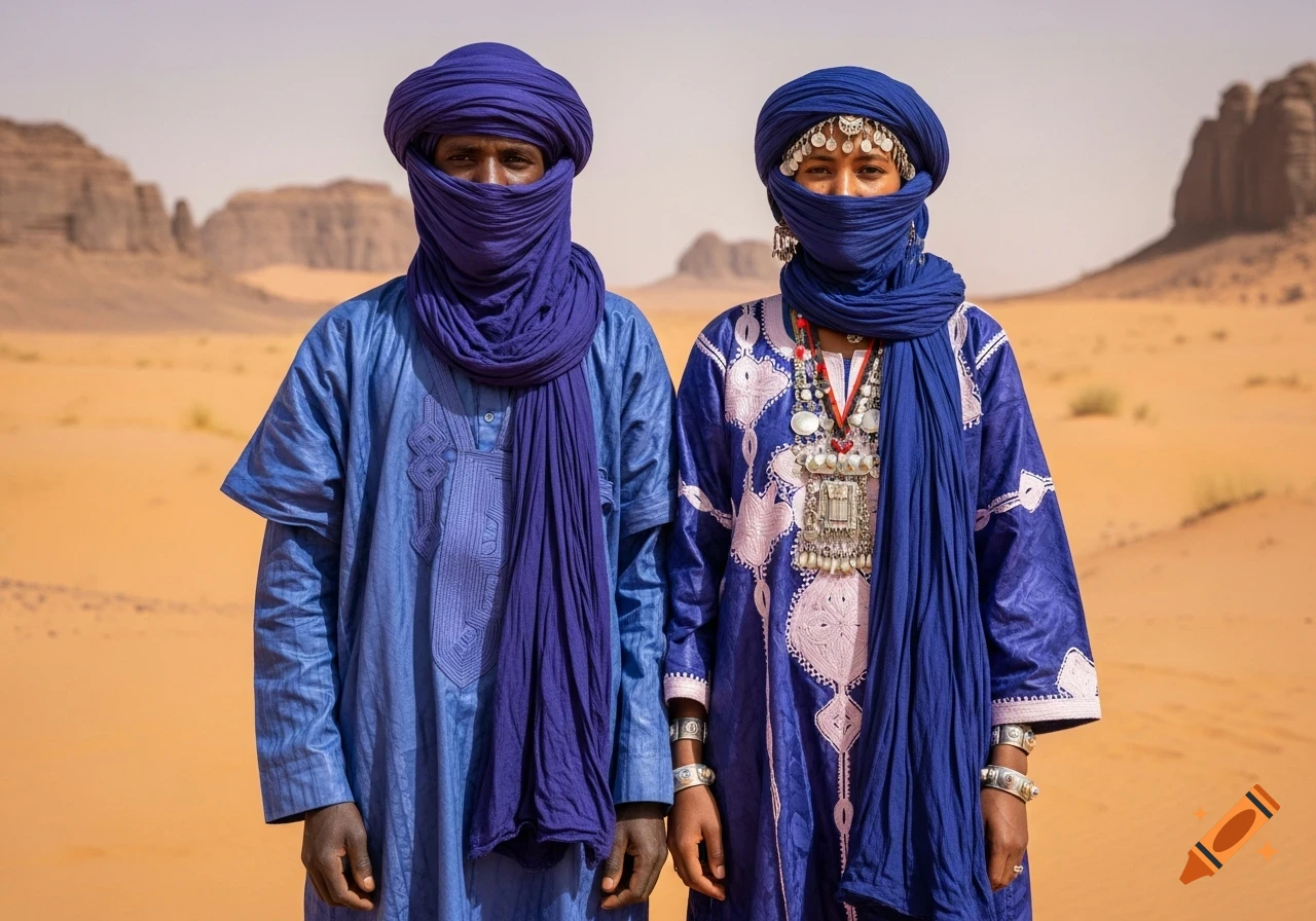 A man and a woman in traditional blue Tuareg robes and head coverings stand in a sunny desert landscape with mountains.