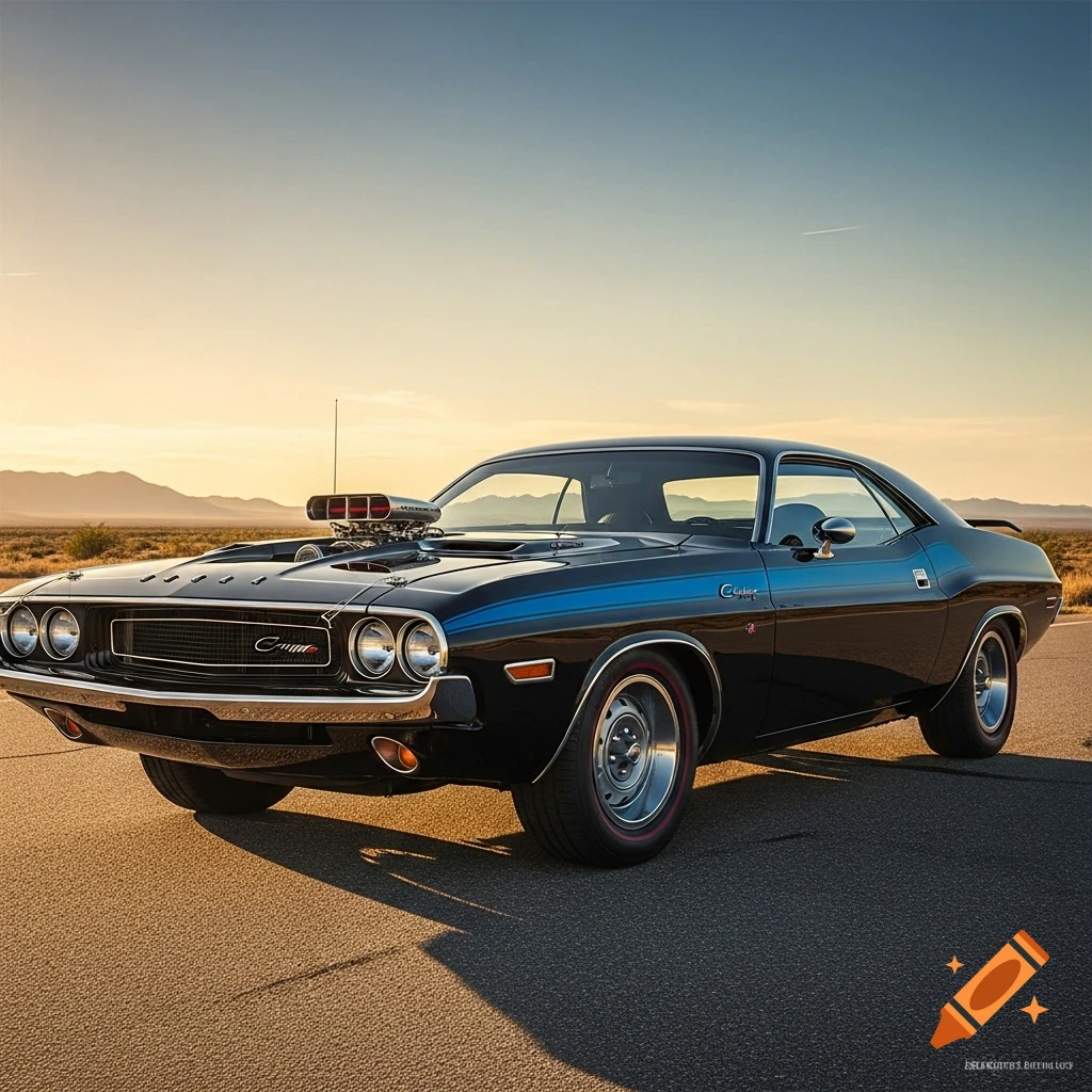 A black 1971 Dodge Challenger with a blue stripe and a prominent engine supercharger sits on an asphalt road at sunset.
