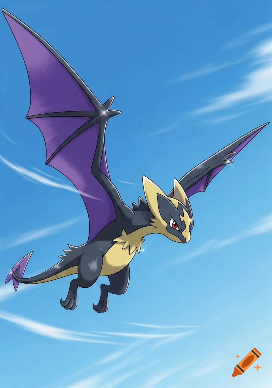 A stylized drawing of Noivern, a dark gray and yellow bat-like Pokemon with large purple wings, flying against a clear blue sky.