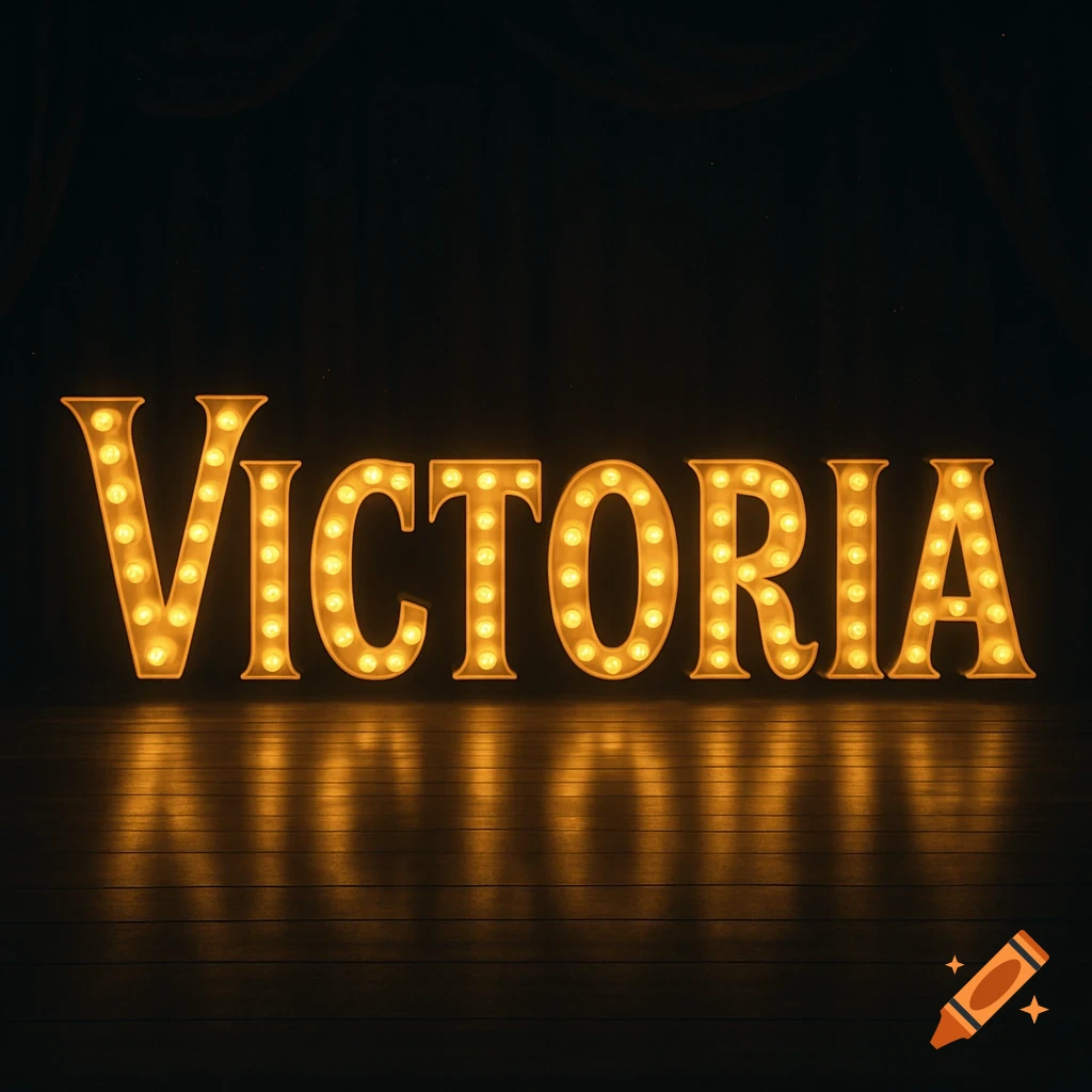 The word Victoria spelled out in glowing marquee lights on a dark stage with reflections on the floor.