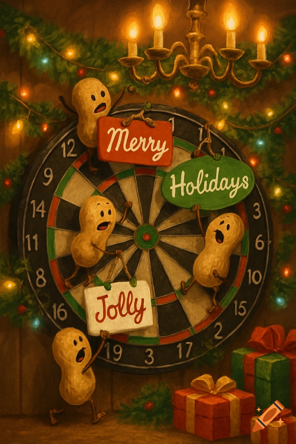 Cartoon peanuts on a dartboard hold 'Merry', 'Holidays', 'Jolly' signs, amidst festive Christmas garlands and gifts, painterly style.