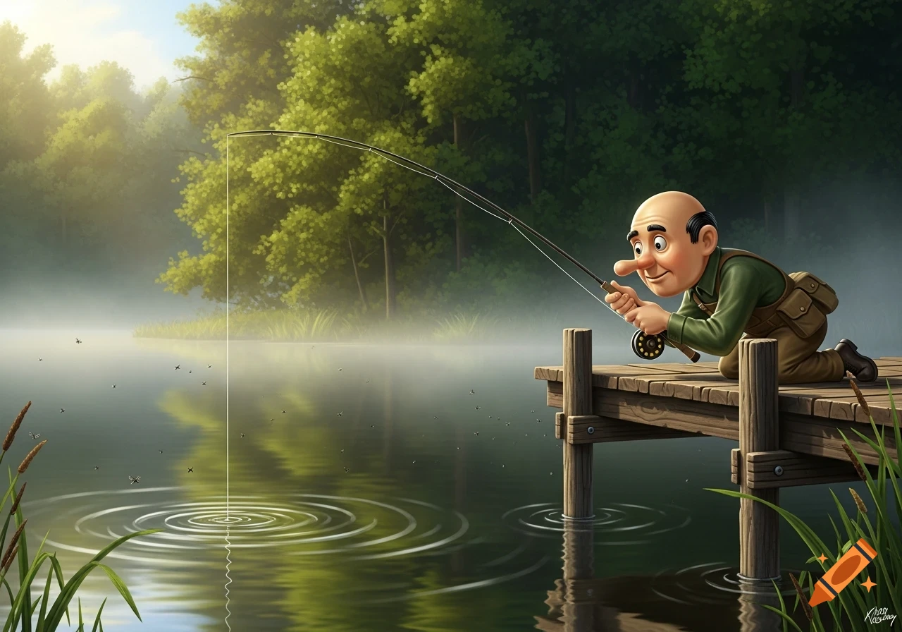 A cartoon man resembling Kilroy, with a big nose and bald head, crouches on a wooden dock holding a fishing rod over a misty lake.