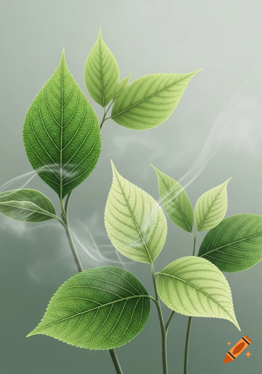 Vibrant green leaves with visible veins on stems against a soft green background with subtle wisps.