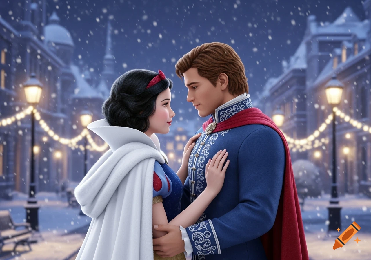 Photorealistic Snow White and Prince Charming embrace in a snowing winter city lit by festive lights.