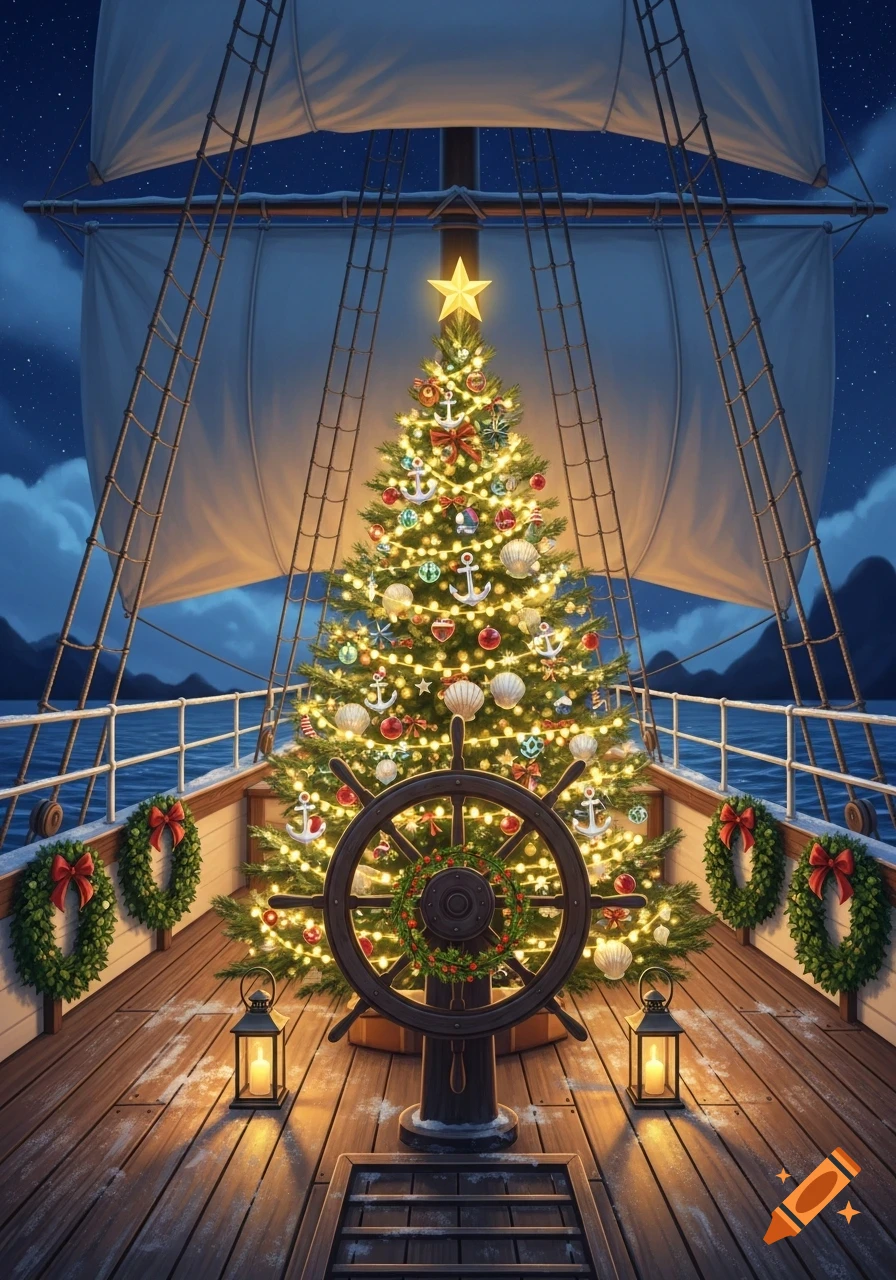 A Christmas tree decorated with lights, anchors, and seashells stands on a ship's deck at night, with wreaths and lanterns.