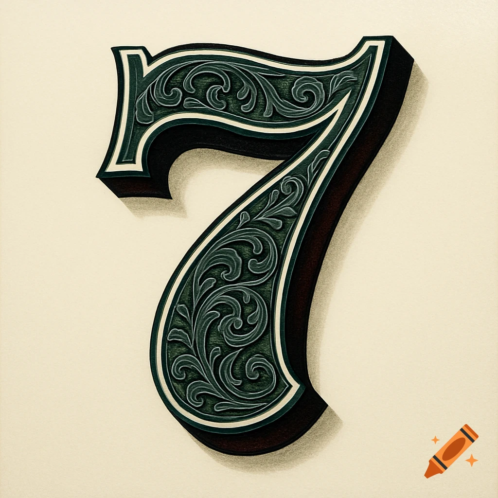 An ornate, dark green number 7 with white and black outlines and a deep shadow, set against a light cream background.