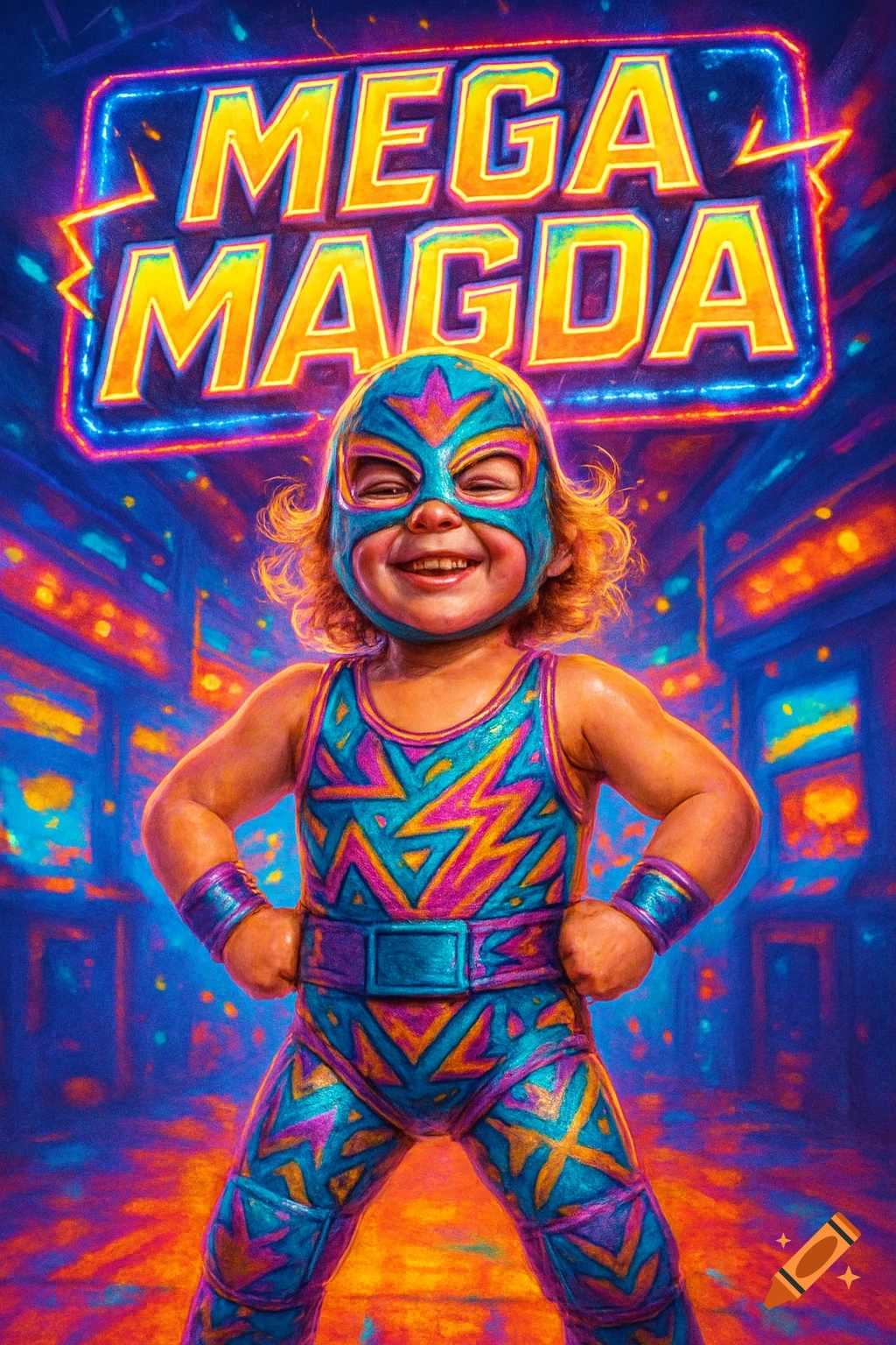 Smiling child in a vibrant blue and pink wrestling mask and outfit under a neon 'MEGA MAGDA' sign.