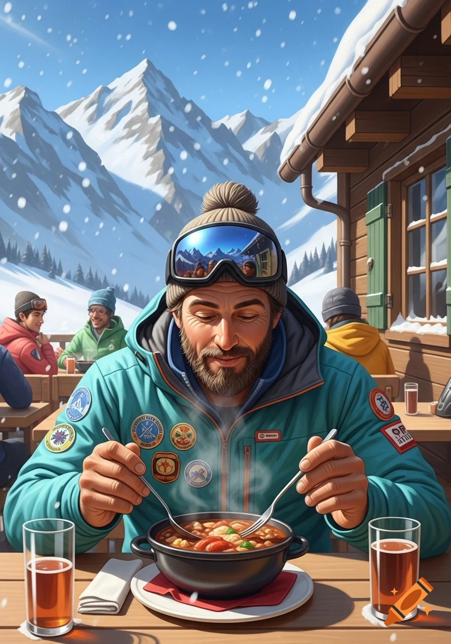 A man in a winter jacket and goggles eats a steaming bowl of food outdoors at a snowy mountain resort, with other people and mountains in the background.