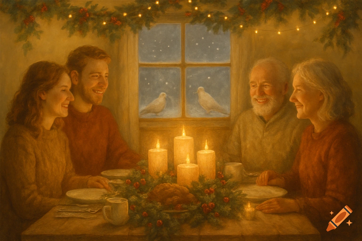 A painting of two smiling couples, a younger and an older, sharing a candlelit Christmas dinner with doves visible outside a window.