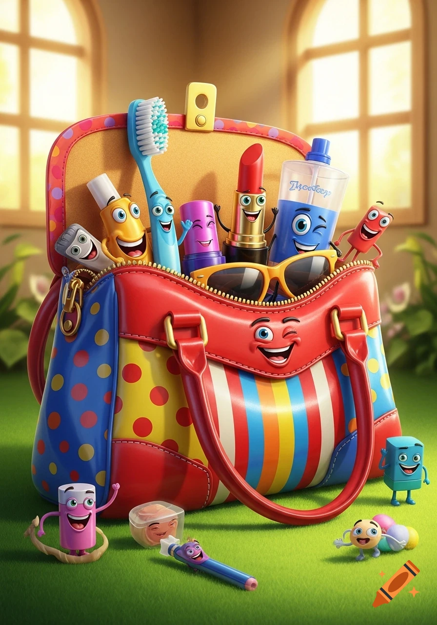 A vibrant, cartoonish handbag filled with anthropomorphic toiletries and cosmetics, winking playfully on a green lawn.