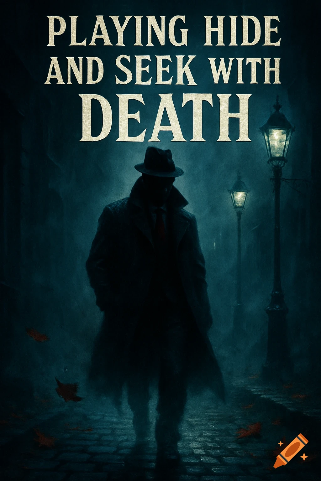 A man in a trench coat and fedora walks down a dark, misty, cobbled street with streetlights under the title "PLAYING HIDE AND SEEK WITH DEATH".