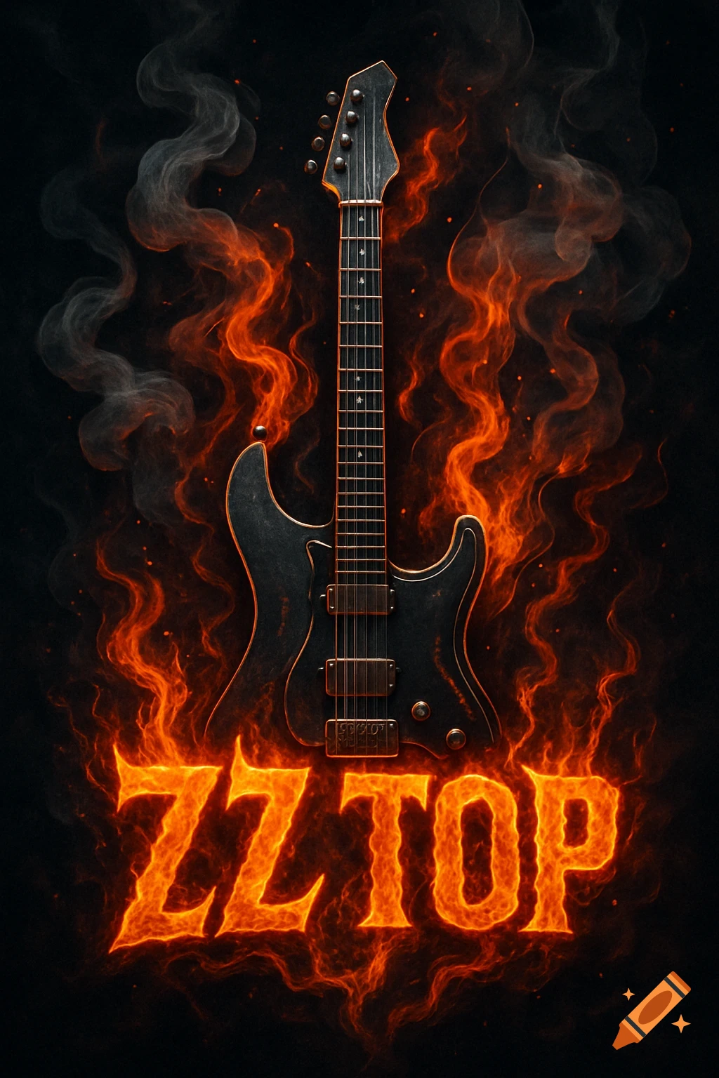 A black electric guitar is centered amidst bright orange flames and smoke, with the fiery text 'ZZ TOP' below on a black background.