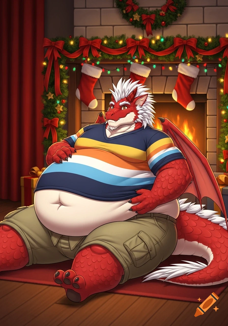 An obese red dragon in a striped shirt and khaki shorts sits by a Christmas fireplace, white mohawk visible.