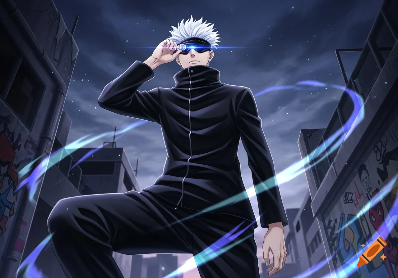 Anime character Gojo Satoru with white hair and blindfold, glowing blue, in a dark urban setting with blue energy streaks.