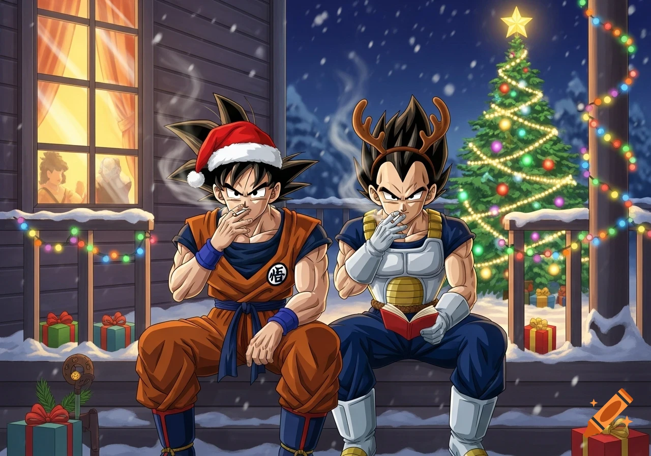 Goku in a Santa hat and Vegeta in reindeer antlers sit on a snowy porch, smoking next to a decorated Christmas tree.