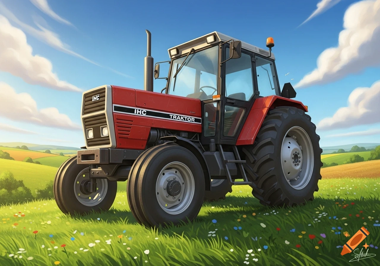 A red IHC Traktor with a white roof in a green field with wildflowers under a blue sky with white clouds.