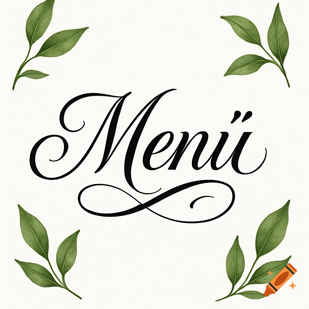 Calligraphic text "Menü" on a white background, surrounded by green leaves, resembling a menu cover.