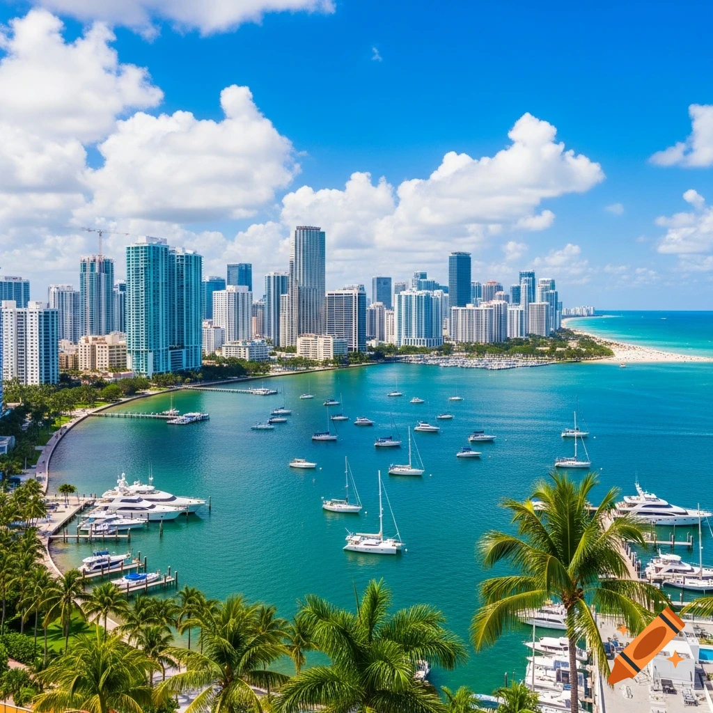 Aerial view of Miami cityscape along a bay with boats and a sandy beach, under a bright blue sky with white clouds.