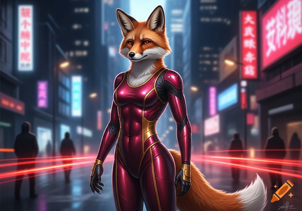 A photorealistic anthropomorphic fox in a metallic red and gold sci-fi suit stands on a neon-lit cyberpunk city street.