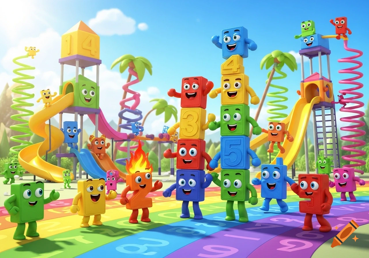Colorful block-shaped number characters play in a vibrant 3D animated playground with slides and towers.