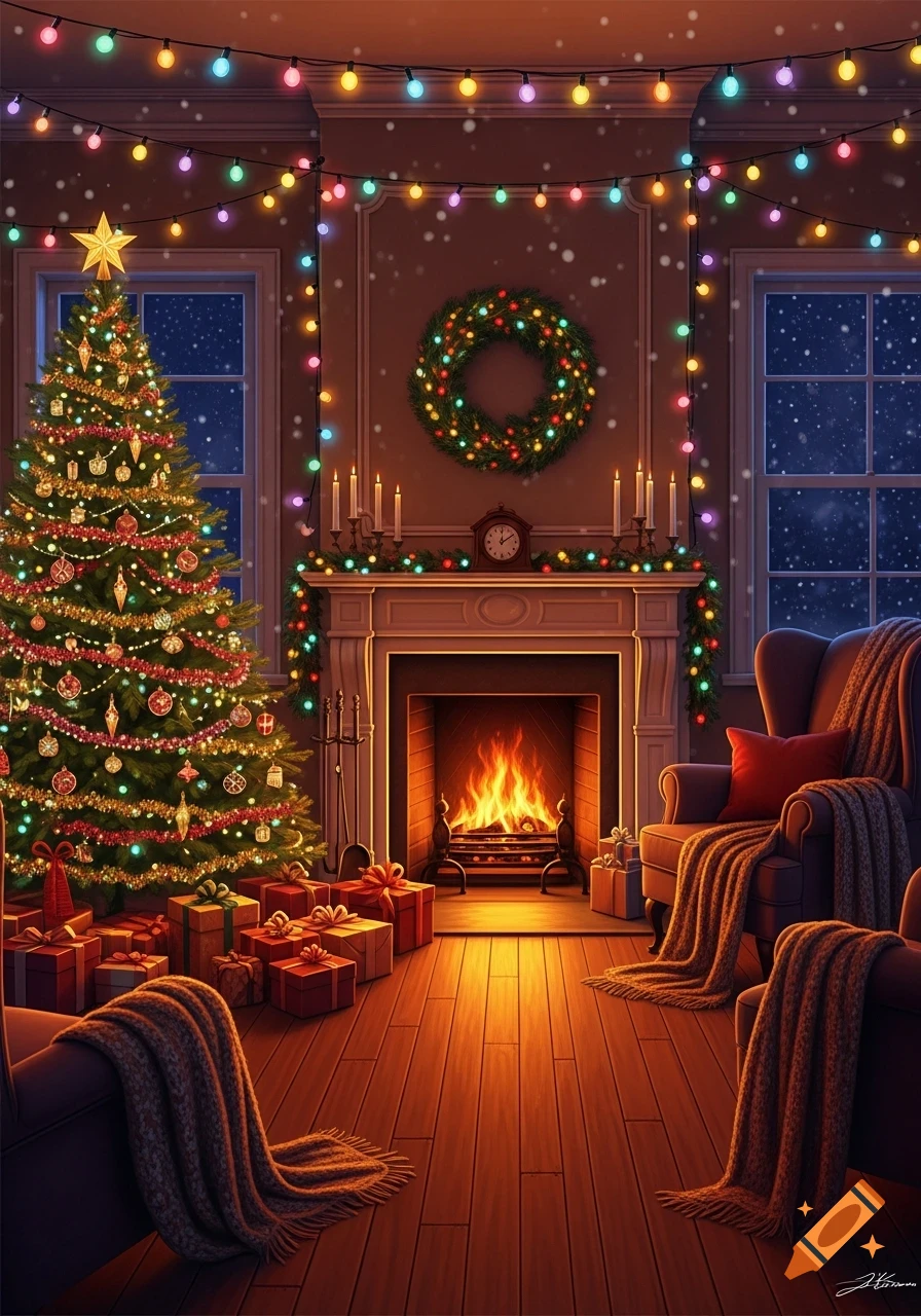 A cozy living room decorated for Christmas with a lit tree, fireplace, gifts, and armchairs on a snowy night.
