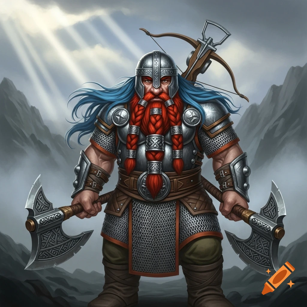 A powerful fantasy dwarf warrior with blue hair, red braided beard, chainmail, and helmet, holding two axes with a crossbow on his back.