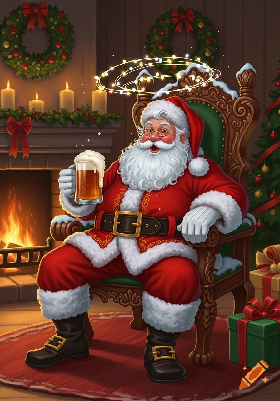 Jolly Santa Claus in a festive, cozy room, holding a mug of foamy beer, with a halo of fairy lights above his head.