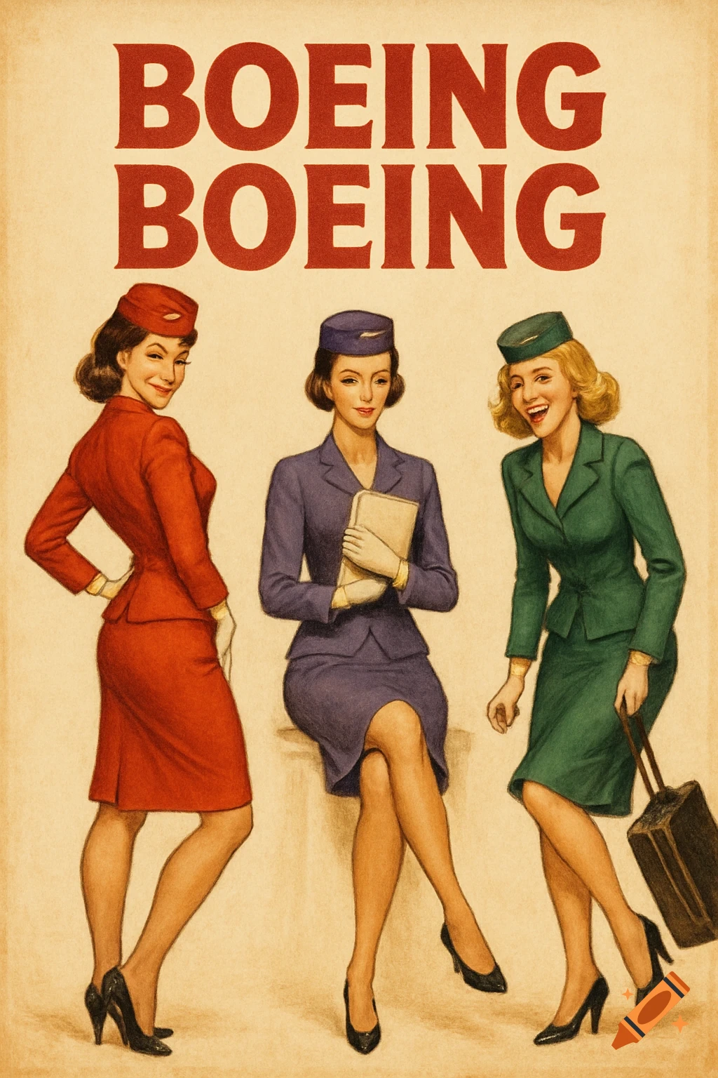 Vintage poster art features three smiling female flight attendants in colorful uniforms and hats, with "BOEING BOEING" text above.