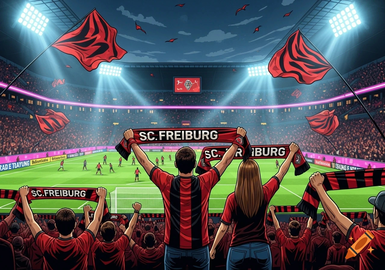 Cartoon illustration of fans in a packed football stadium, two central figures holding up a red scarf with "SC. FREIBURG" written on it, watching a match under bright lights.