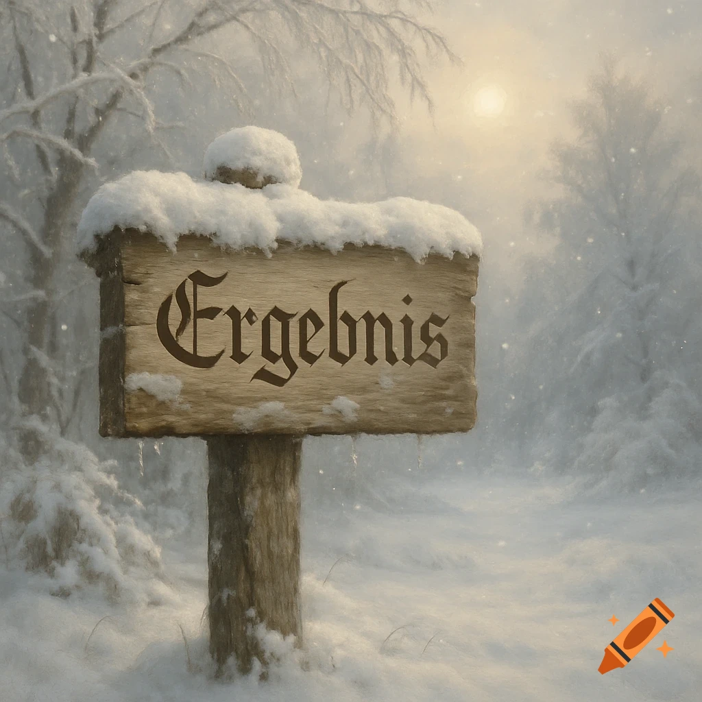 A snow-covered wooden signpost reading 'Ergebnis' (Result) stands in a misty, sunlit winter forest scene.